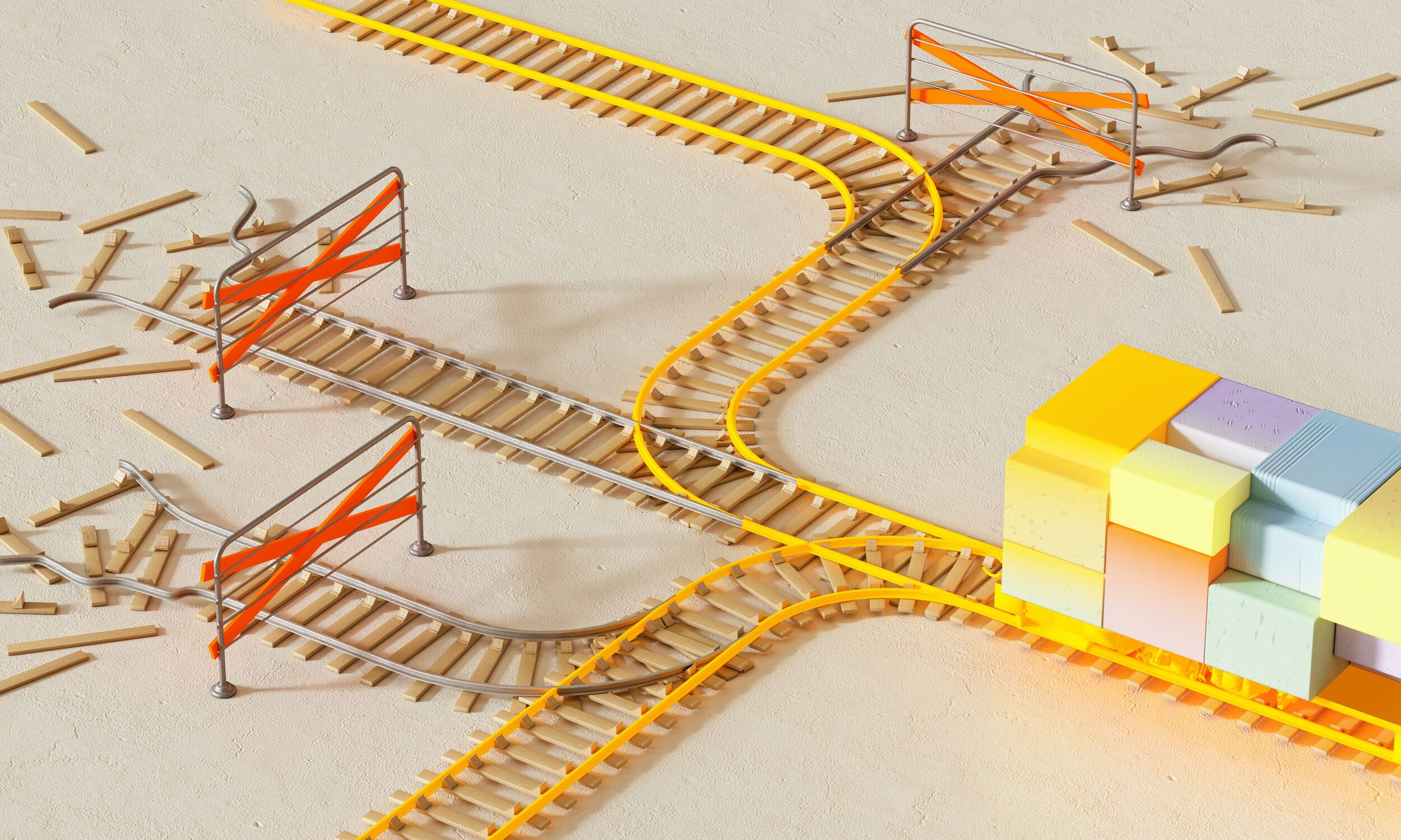 Illustration of a block train navigating a track with turns and stop barriers.